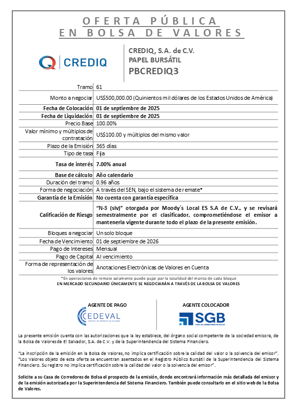 AVISO COLOCACION PBCREDIQ3 T 61
