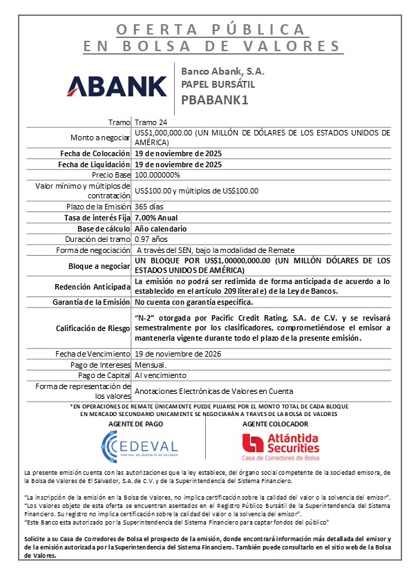 AVISO COLOCACIÓN PBABANK1 T24
