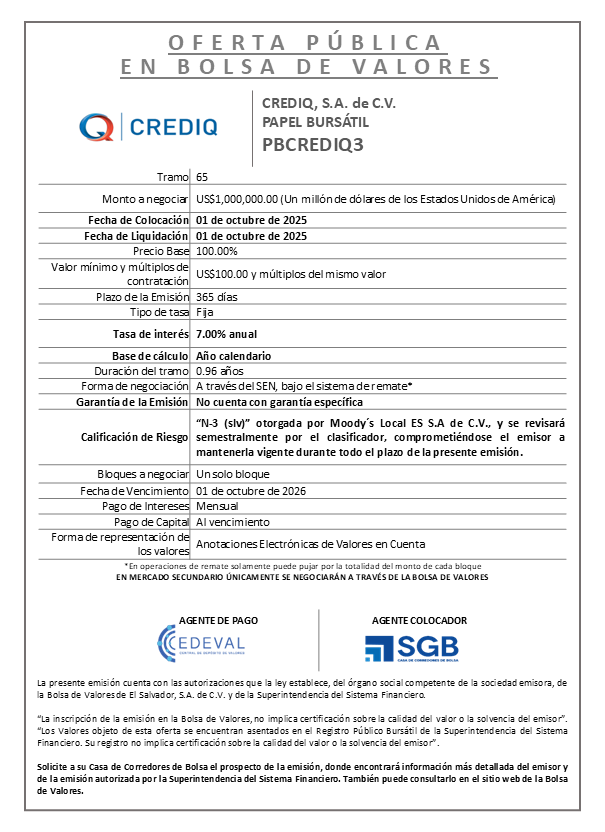 AVISO COLOCACIÓN PBCREDIQ3 T65