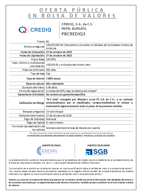 AVISO COLOCACIÓN PBCREDIQ3 T66