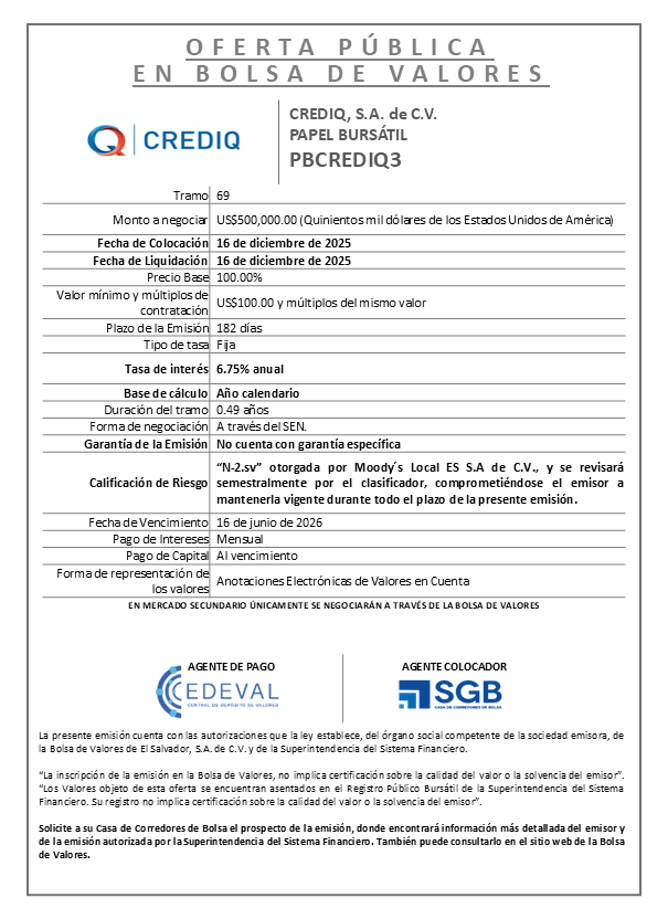 AVISO COLOCACIÓN PBCREDIQ3 T69