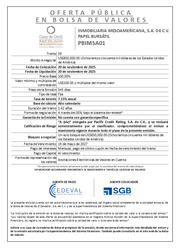 AVISO COLOCACIÓN PBIMSA01 T59