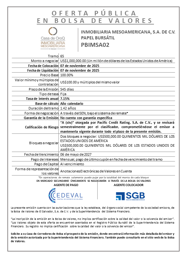 AVISO COLOCACIÓN PBIMSA02 T65