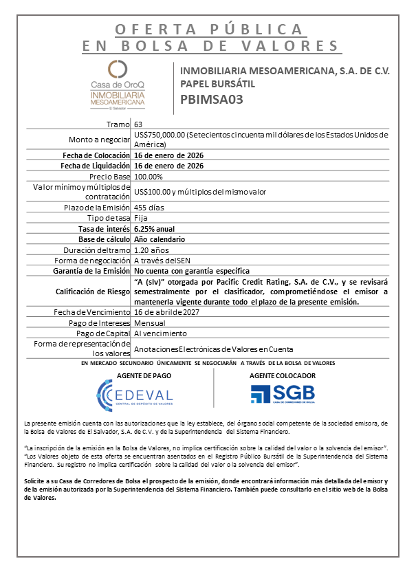 AVISO COLOCACIÓN PBIMSA03 T63