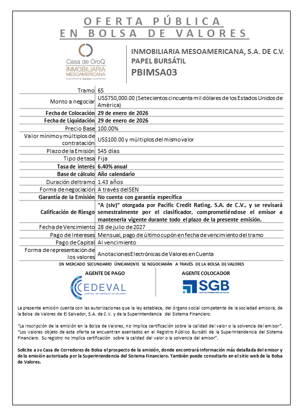 AVISO COLOCACIÓN PBIMSA03 T65