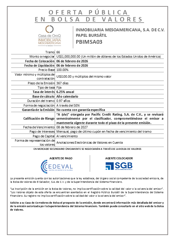 AVISO COLOCACIÓN PBIMSA03 T66