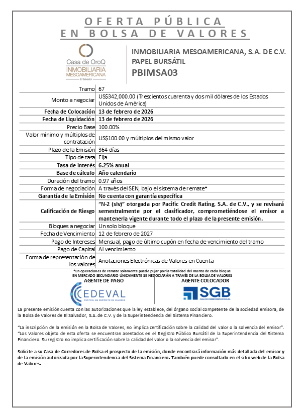 AVISO COLOCACIÓN PBIMSA03 T67