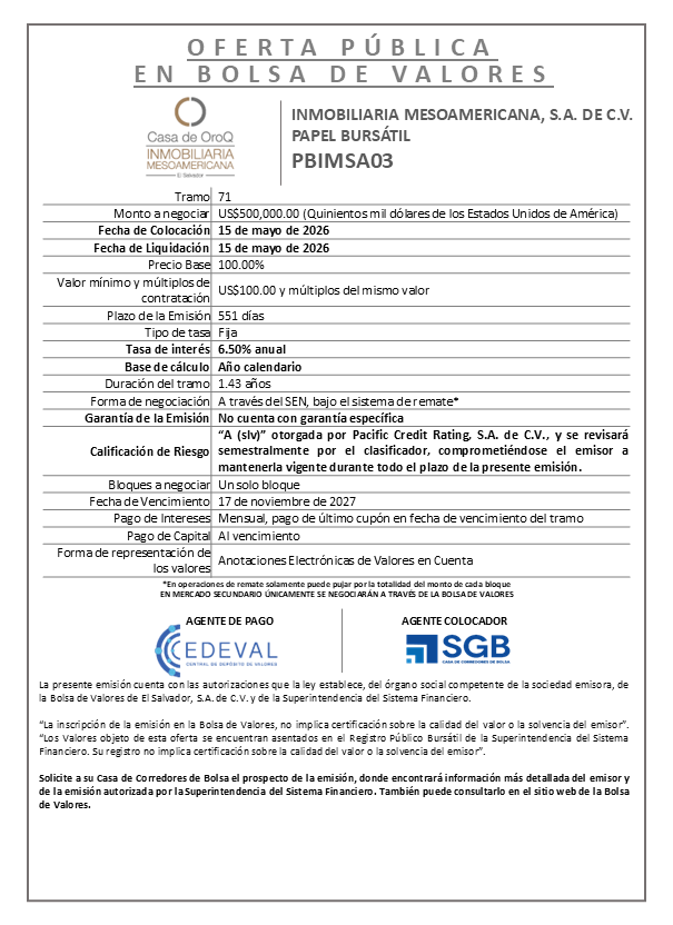 AVISO COLOCACIÓN PBIMSA03 T71