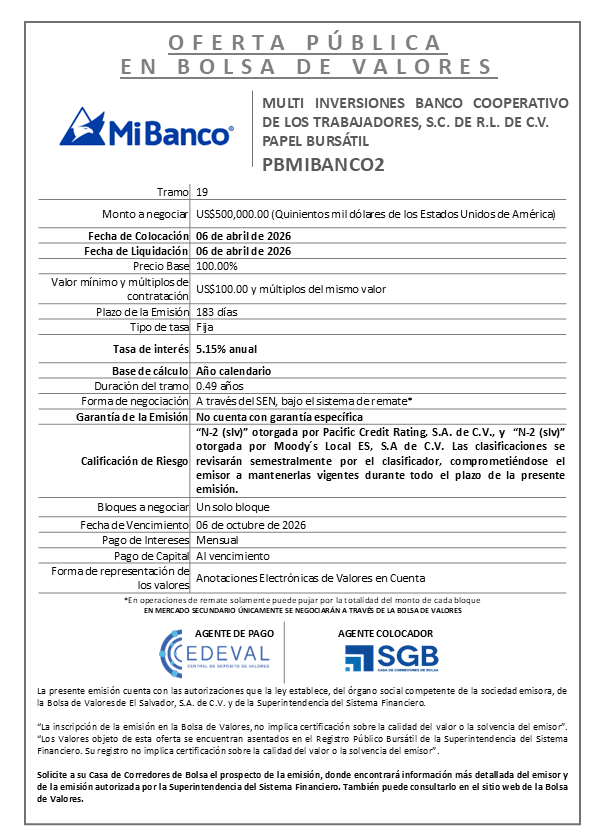 AVISO COLOCACIÓN PBMIBANCO2 T19