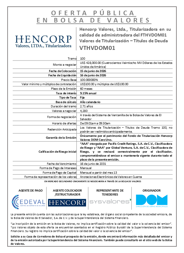 AVISO COLOCACIÓN VTHVDOM01 T100