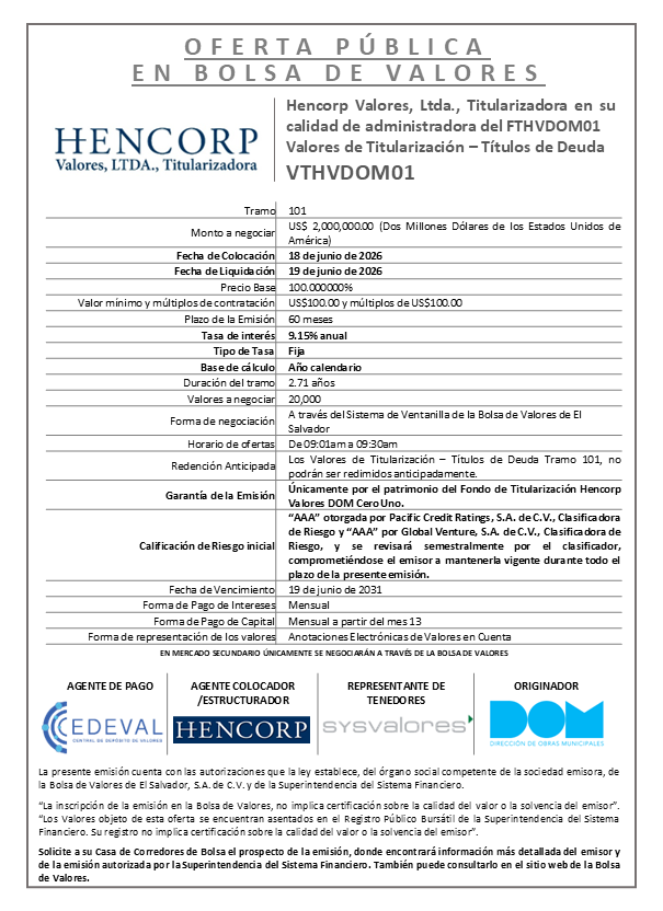 AVISO COLOCACIÓN VTHVDOM01 T101
