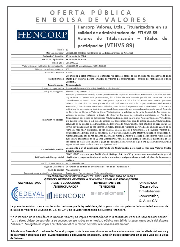AVISO COLOCACIÓN VTHVS89 T19