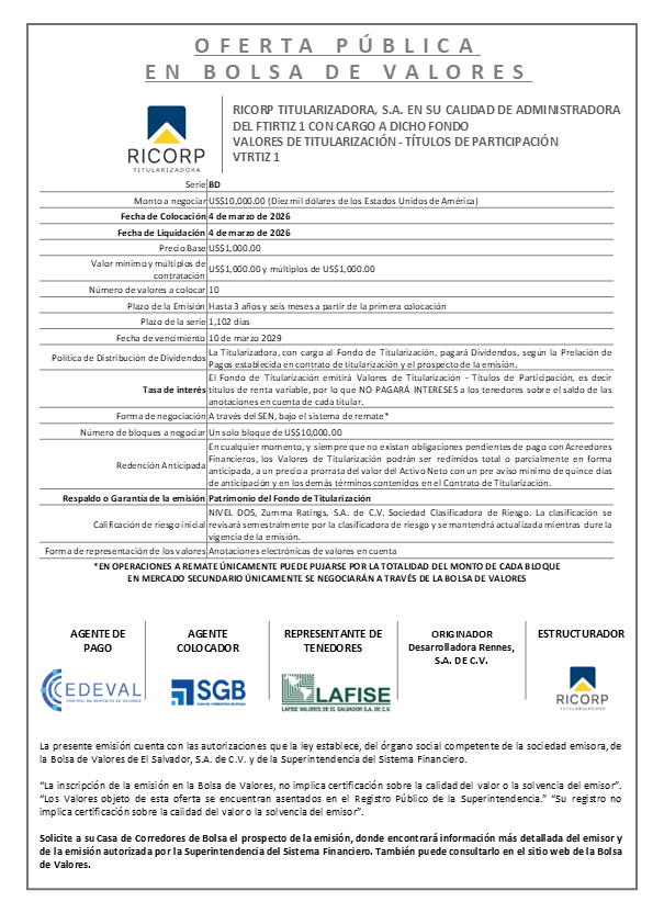 AVISO COLOCACIÓN VTRTIZ1 SERIE BD