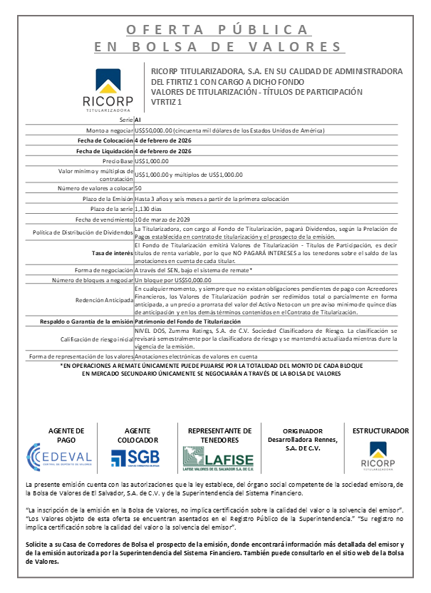 AVISO COLOCACIÓN VTRTIZ1 Serie AI