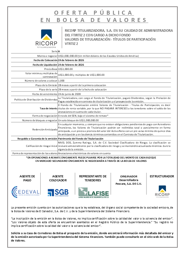 AVISO COLOCACIÓN VTRTIZ2 SERIE A