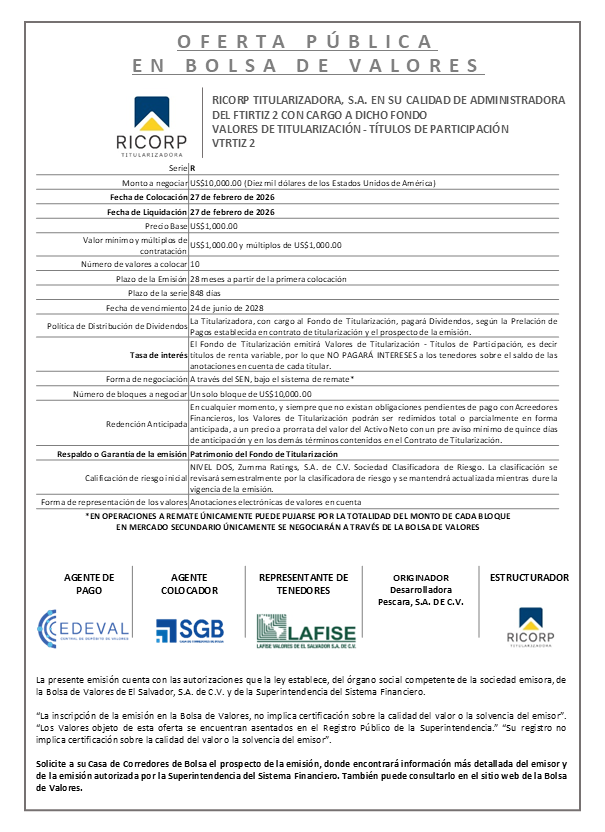 AVISO COLOCACIÓN VTRTIZ2 SERIE R