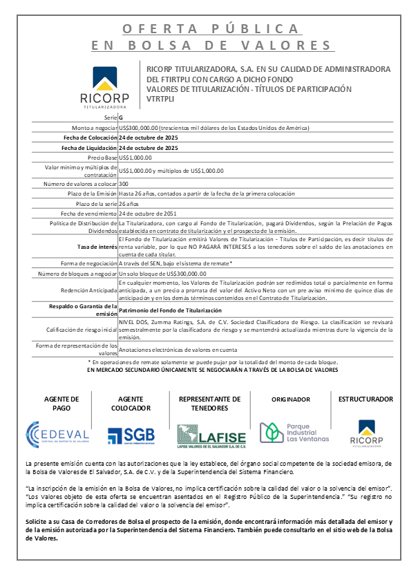 AVISO COLOCACIÓN VTRTPLI SERIE G