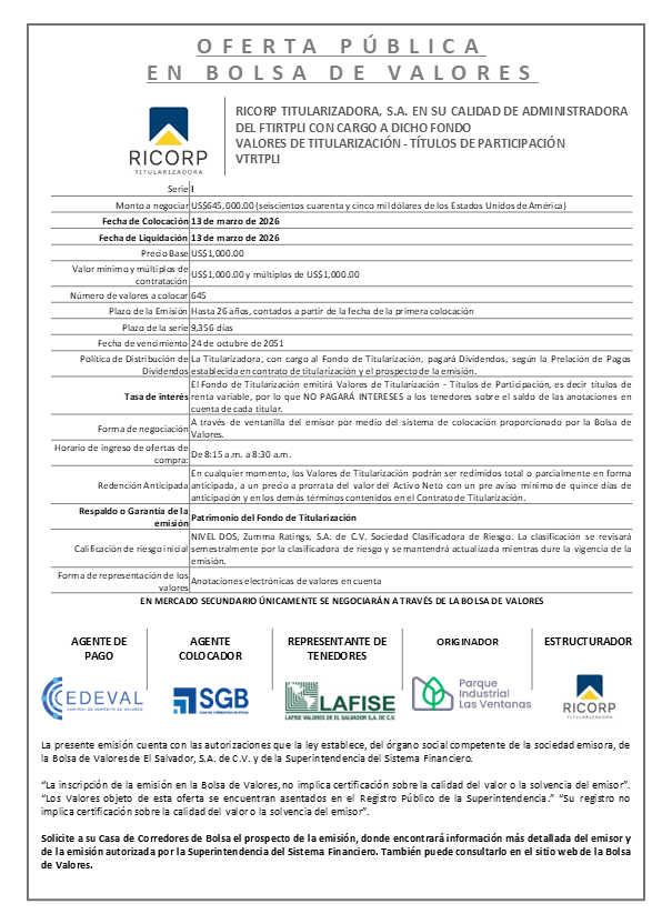 AVISO COLOCACIÓN VTRTPLI Serie I