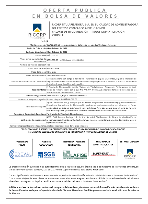 AVISO COLOCACIÓN VTRTSS1 SERIE H