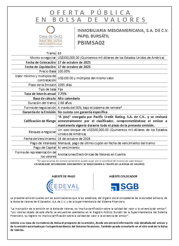 AVISO DE COLOCACION PBIMSA02 T63