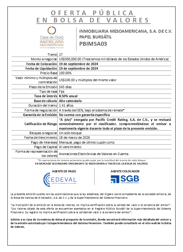 AVISO DE COLOCACION PBIMSA03 T17