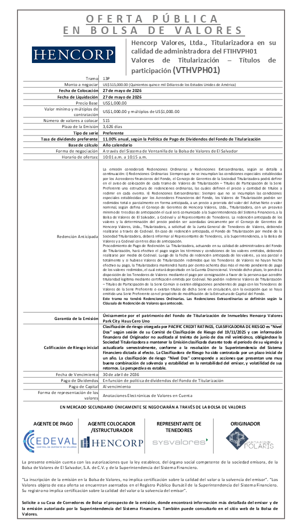 AVISO DE COLOCACION VTHVPH01 T13P
