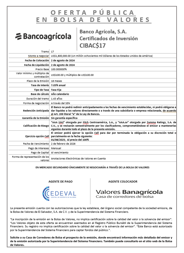 AVISO COLOCACION CIBAC17 T 17