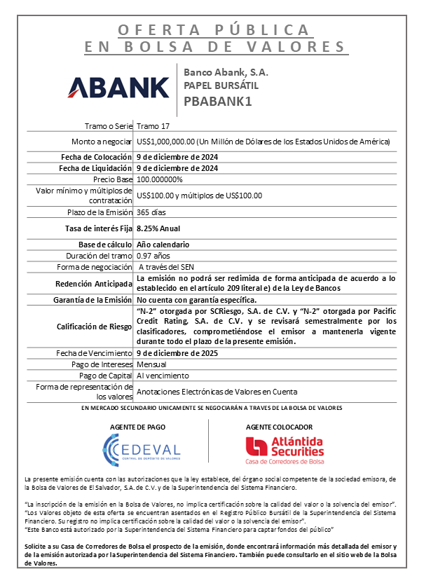 AVISO COLOCACION PBABANK T 17