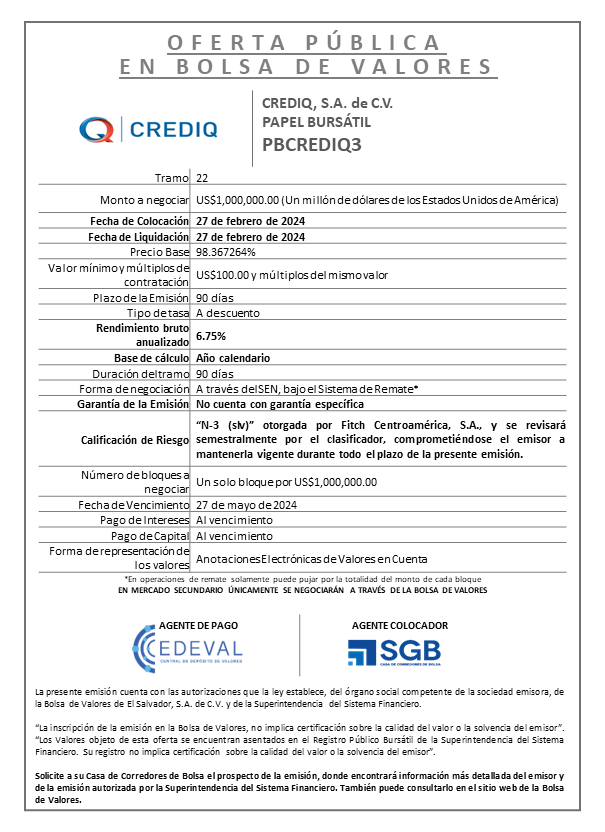 AVISO COLOCACION PBCREDIQ3 T 22