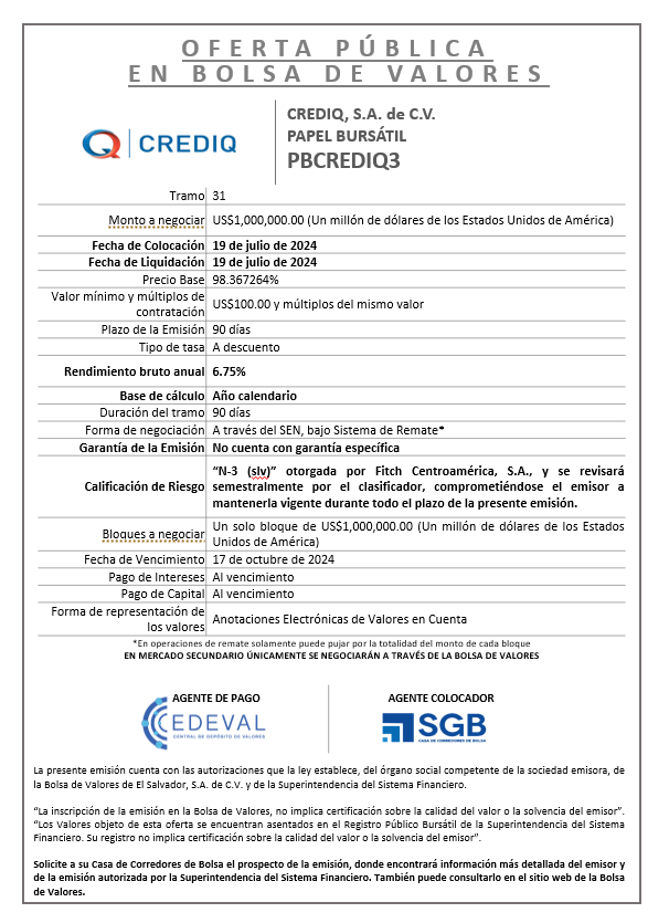 AVISO COLOCACION PBCREDIQ3 T 31