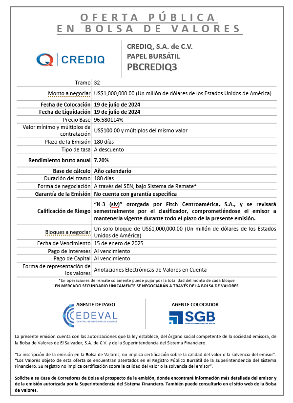 AVISO COLOCACION PBCREDIQ3 T 32