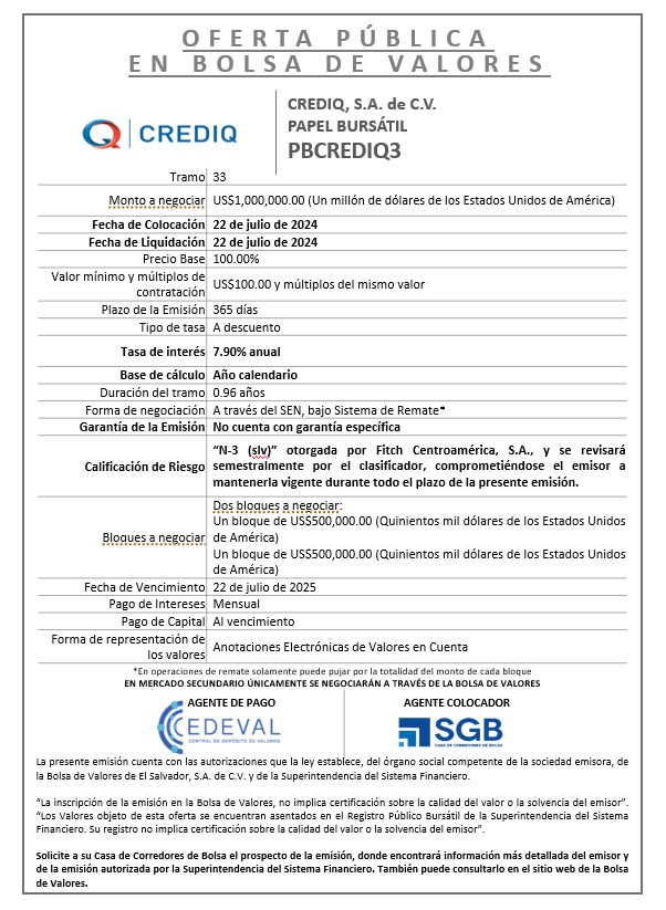 AVISO COLOCACION PBCREDIQ3 T 33