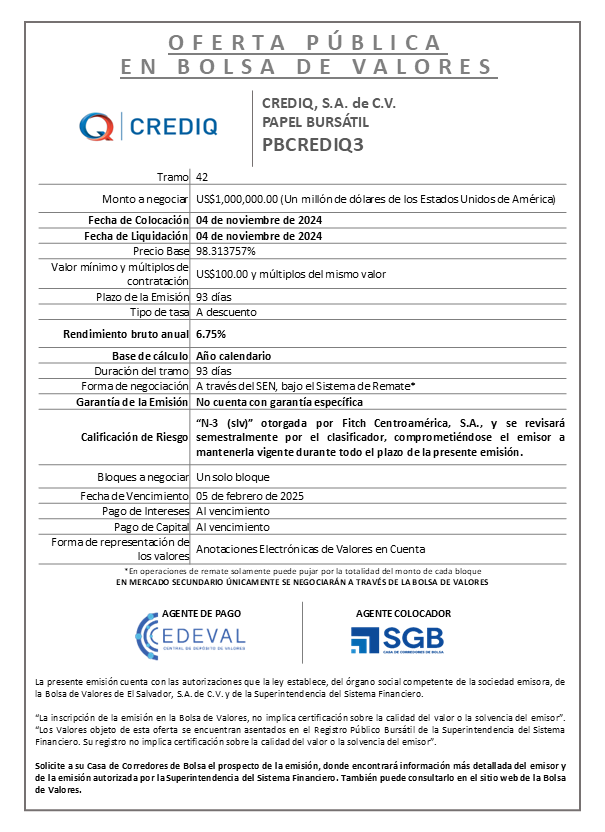 AVISO COLOCACION PBCREDIQ3 T 42