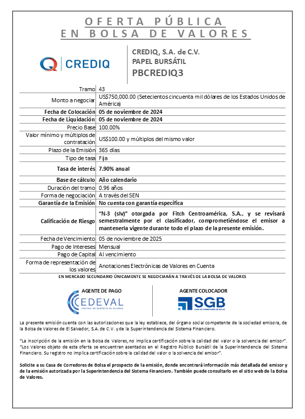 AVISO COLOCACION PBCREDIQ3 T 43