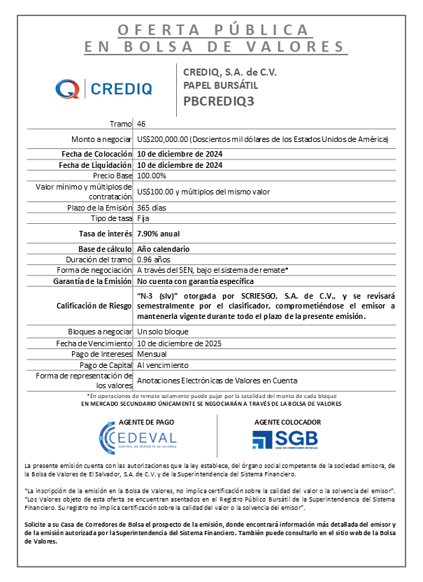 AVISO COLOCACION PBCREDIQ3 T 46