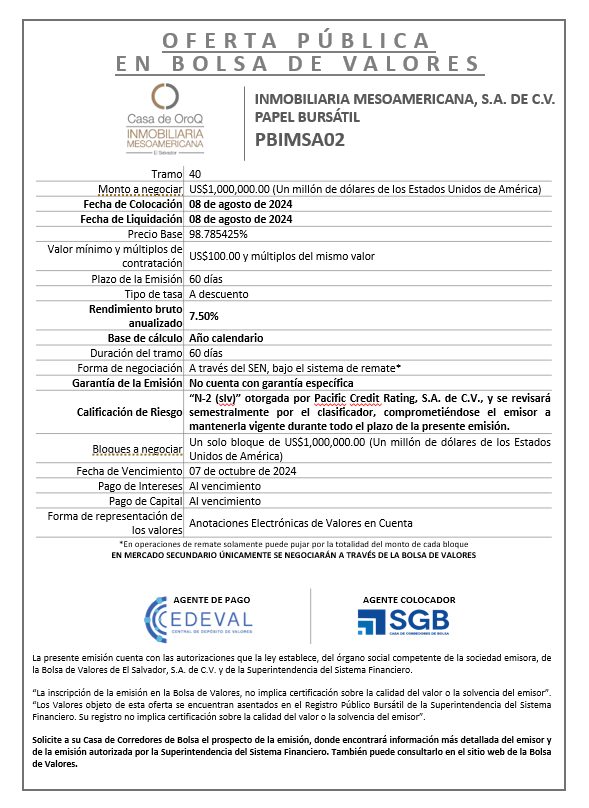 AVISO COLOCACION PBIMSA02 T 40