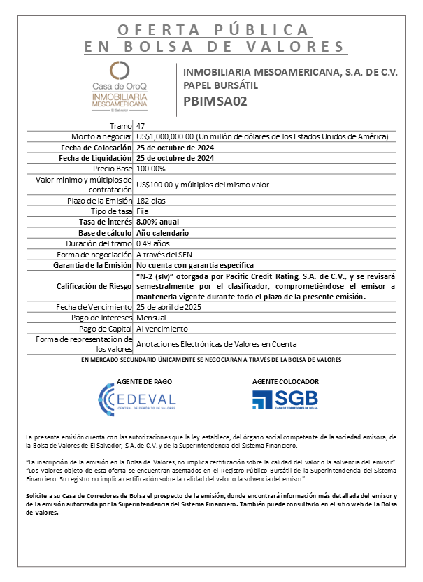 AVISO COLOCACION PBIMSA02 T 47