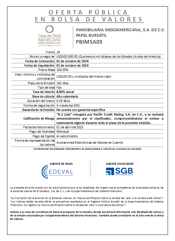 AVISO COLOCACION PBIMSA03 T 18