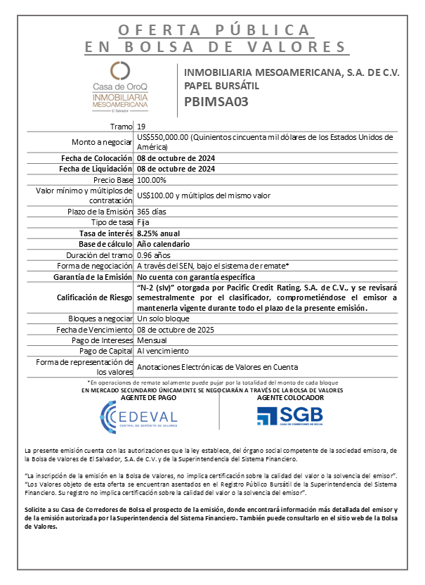 AVISO COLOCACION PBIMSA03 T 19