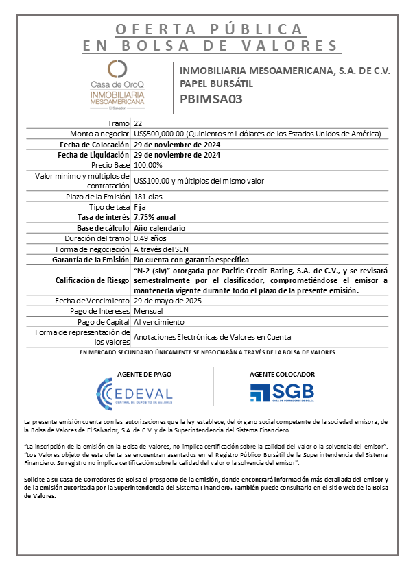 AVISO COLOCACION PBIMSA03 T 22