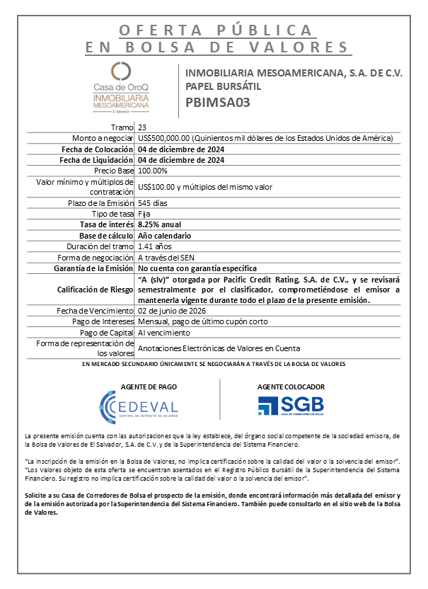 AVISO COLOCACION PBIMSA03 T 23