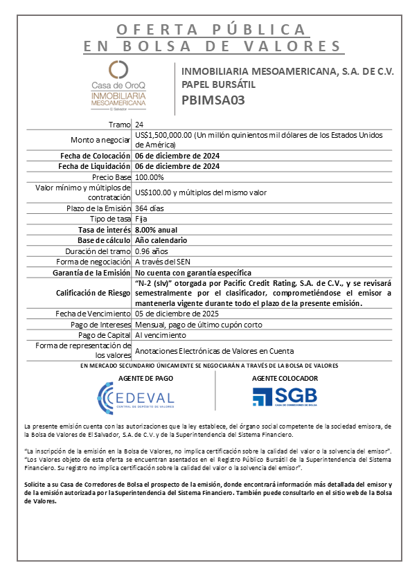 AVISO COLOCACION PBIMSA03 T 24