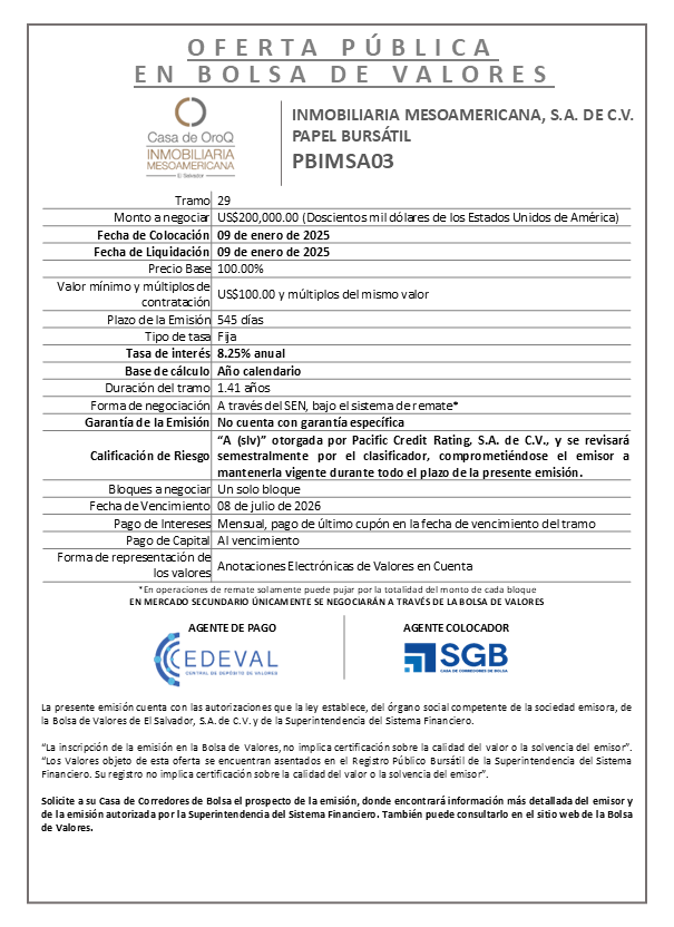 AVISO COLOCACION PBIMSA03 T 29