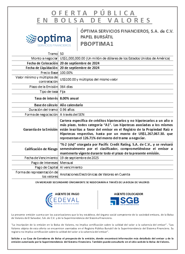 AVISO COLOCACION PBOPTIMA1 T 50