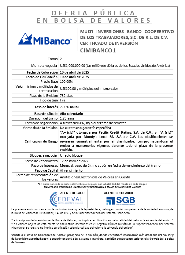 AVISO COLOCACION CIMIBANCO1 T 2