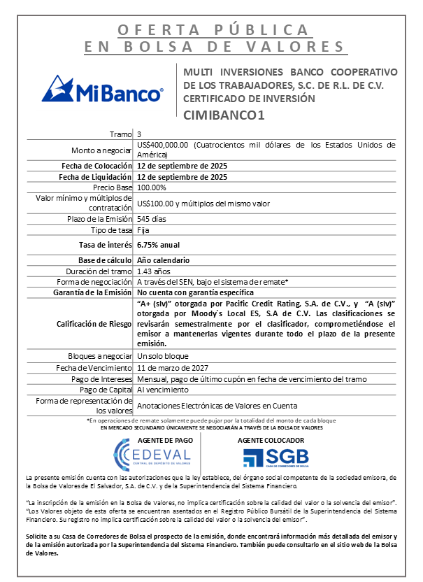 AVISO COLOCACION CIMIBANCO1 T 3