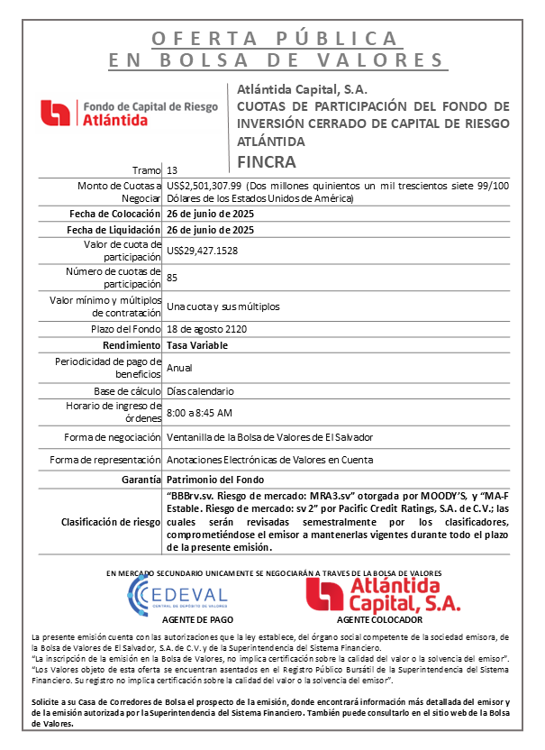 AVISO COLOCACION FINCRA T 13