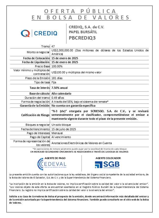 AVISO COLOCACION PBCREDIQ3 T 47