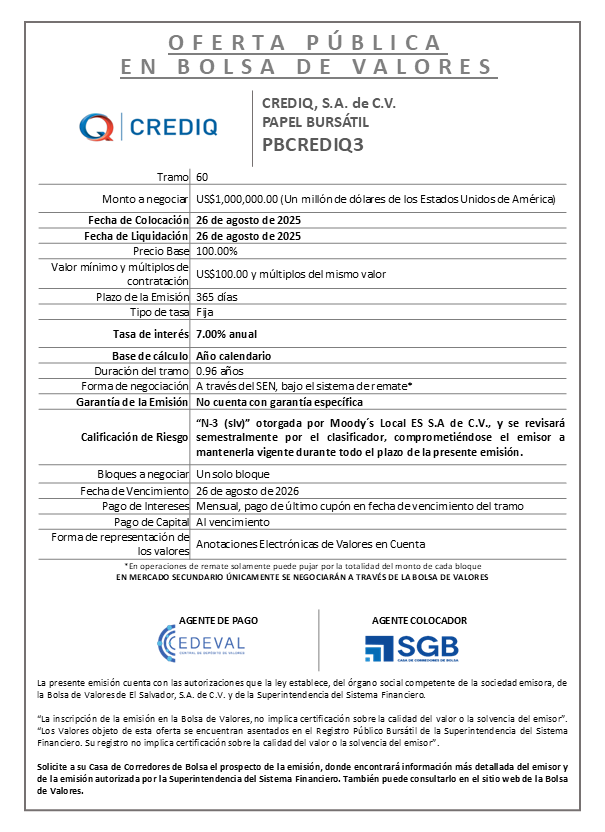 AVISO COLOCACION PBCREDIQ3 T 60