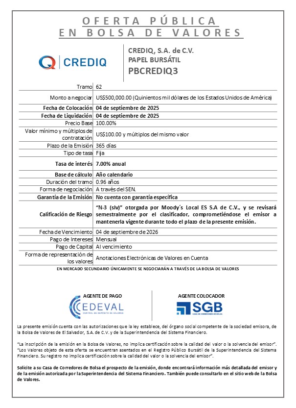 AVISO COLOCACION PBCREDIQ3 T 62